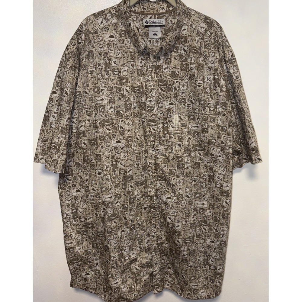 Columbia Sportswear Men's Shirt Size 2XT S/S Button Beige/Brow/whiteFish Pattern